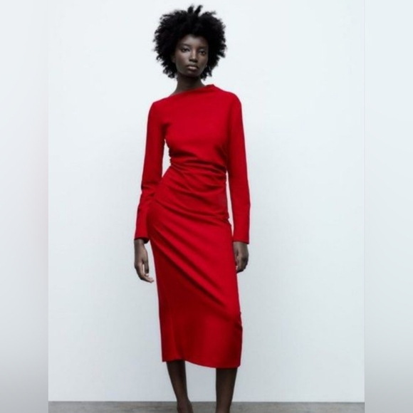 Zara Red Long Sleeve Midi Dress BNWT - Picture 1 of 9
